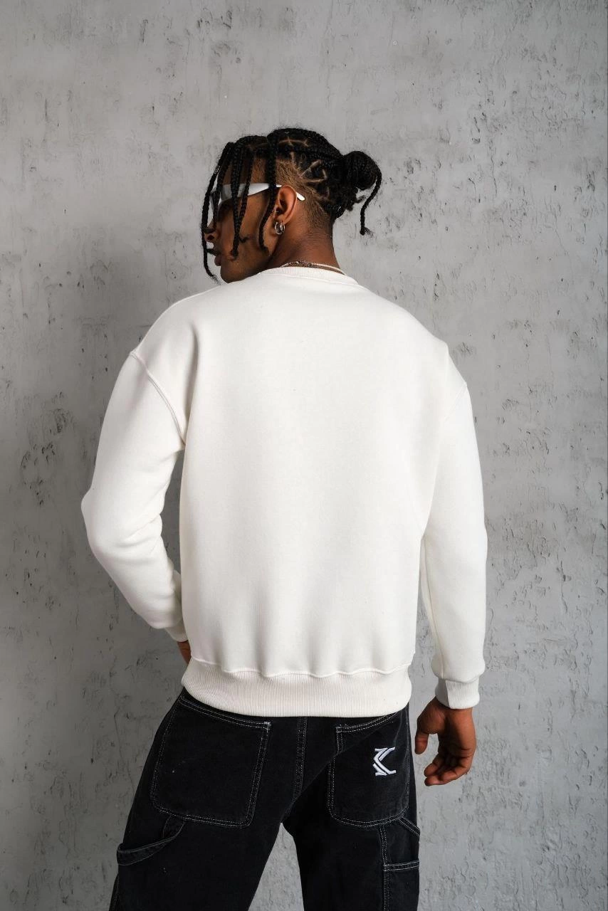 Erkek Düz Bisiklet Yaka 3 iplik pamuklu Sweatshirt - Beyaz
