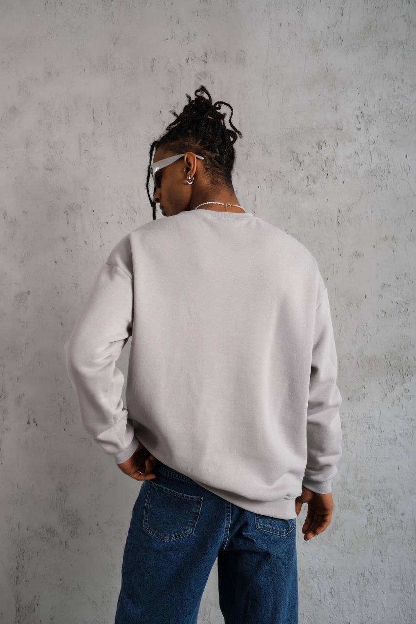 Erkek Düz Bisiklet Yaka 3 iplik Sweatshirt - Boyalı Gri