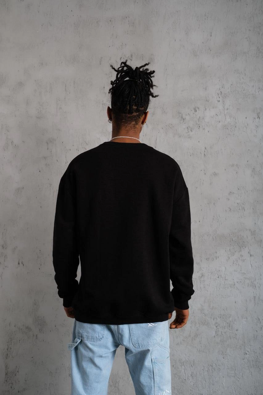 Erkek Bisiklet Yaka Baskılı 3 İplik Pamuklu Sweatshirt -  Siyah