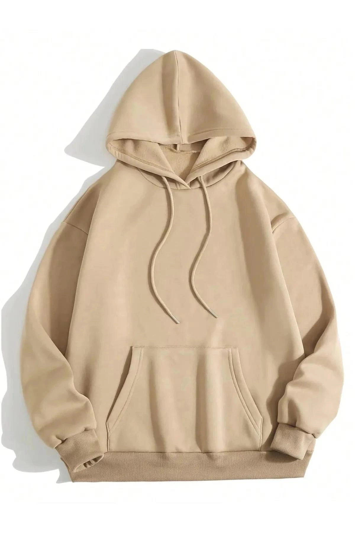 Erkek 3 İplik Pamuklu Kapüşonlu Kanguru Cepli Sweatshirt Hoodie - Bej