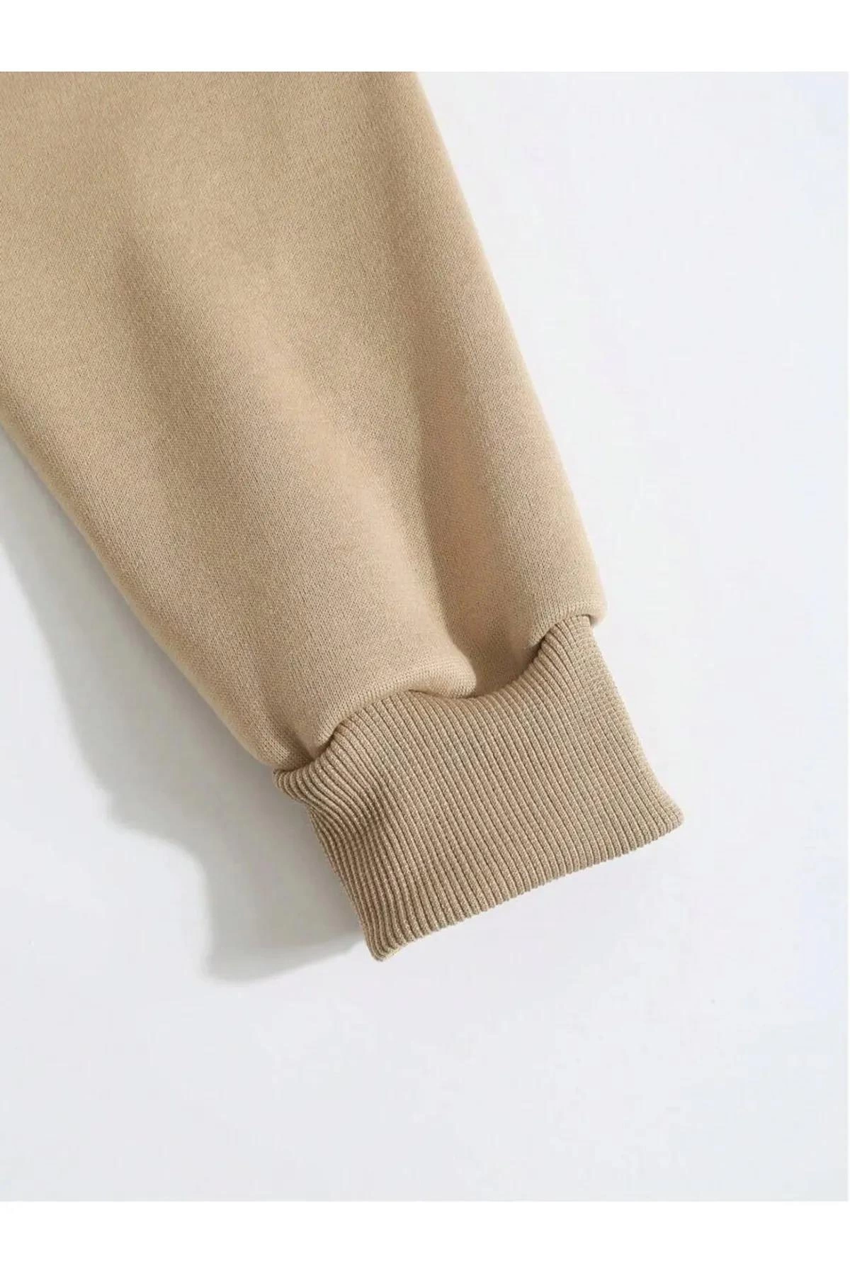 Erkek 3 İplik Pamuklu Kapüşonlu Kanguru Cepli Sweatshirt Hoodie - Bej