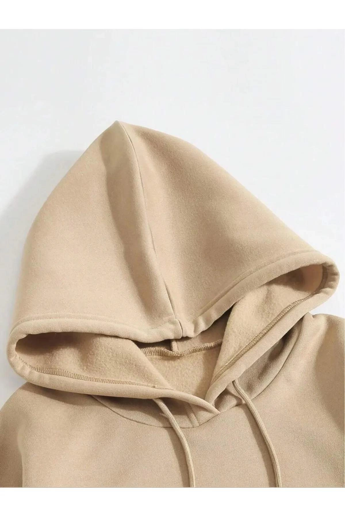 Erkek 3 İplik Pamuklu Kapüşonlu Kanguru Cepli Sweatshirt Hoodie - Bej