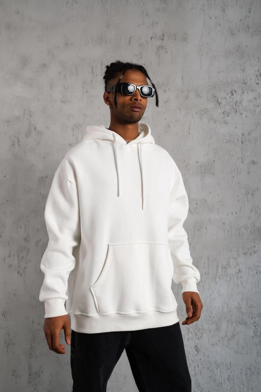 Erkek 3 İplik Pamuklu Kapüşonlu Kanguru Cepli Sweatshirt Hoodie - Beyaz