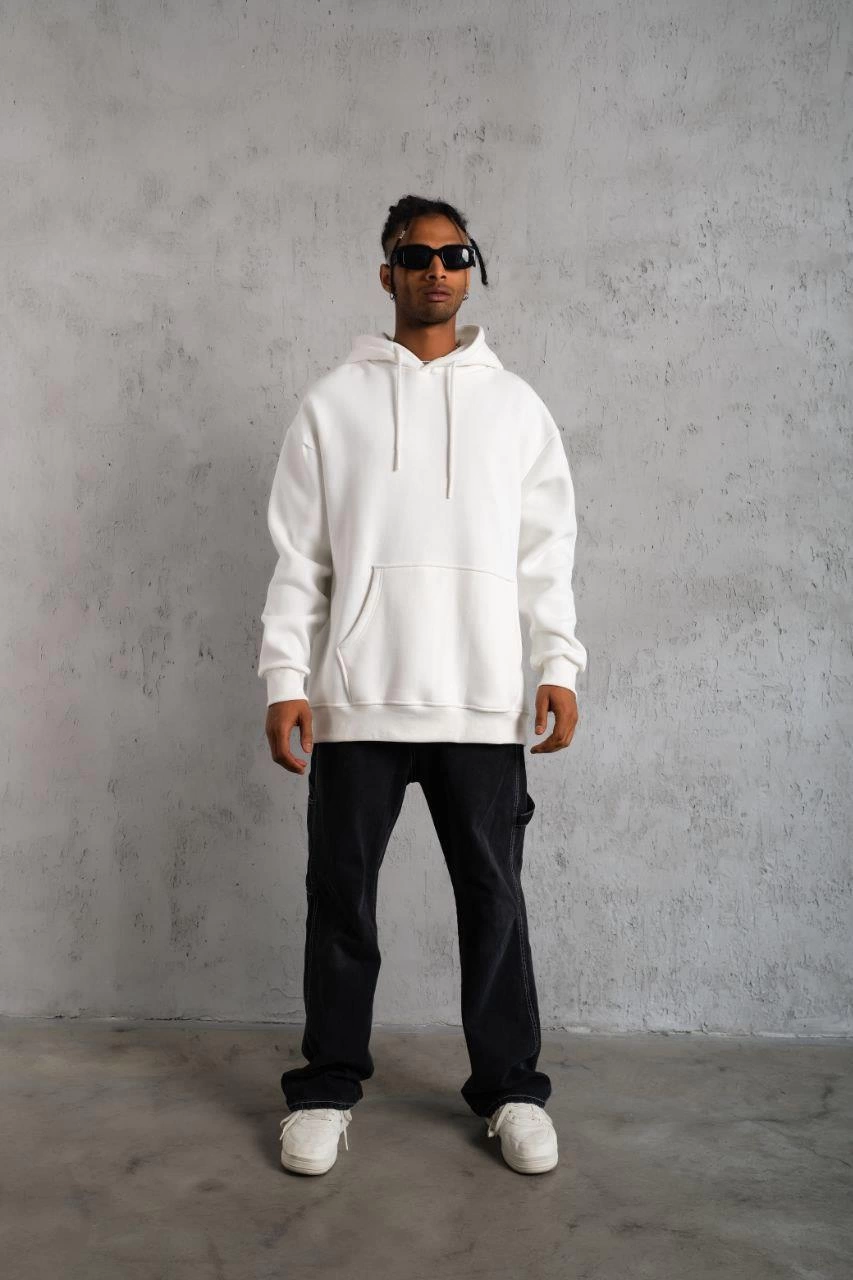 Erkek 3 İplik Pamuklu Kapüşonlu Kanguru Cepli Sweatshirt Hoodie - Beyaz