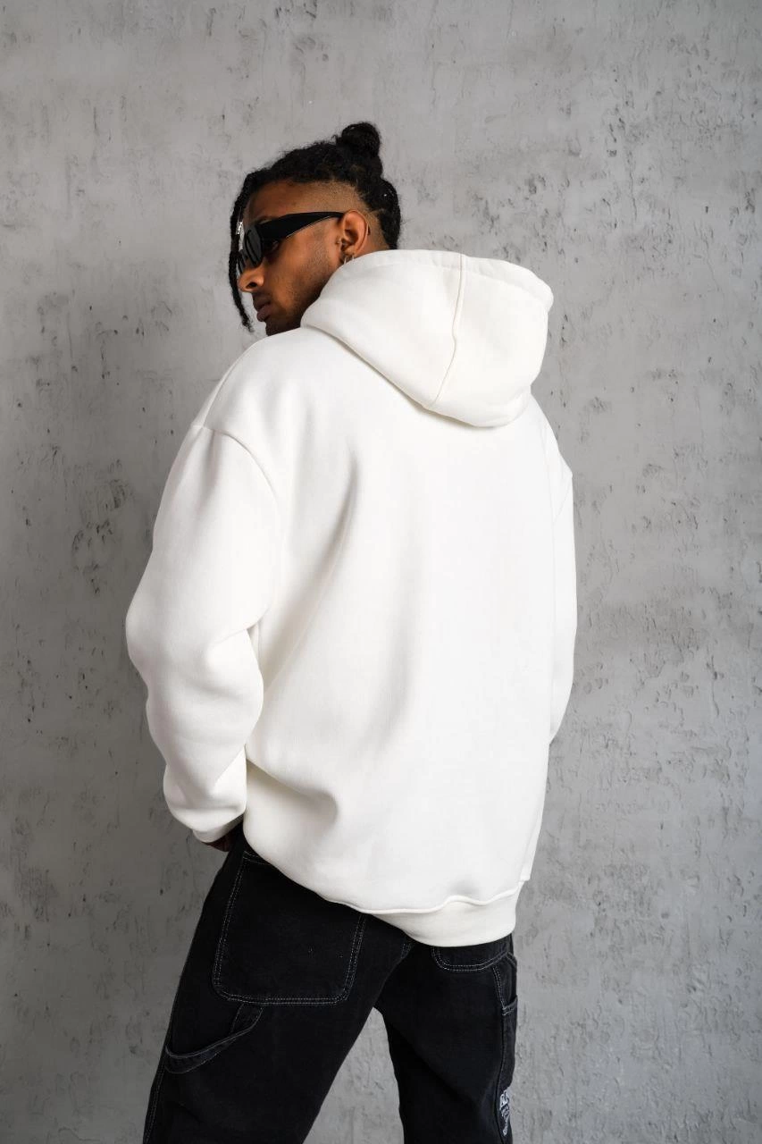 Erkek 3 İplik Pamuklu Kapüşonlu Kanguru Cepli Sweatshirt Hoodie - Beyaz