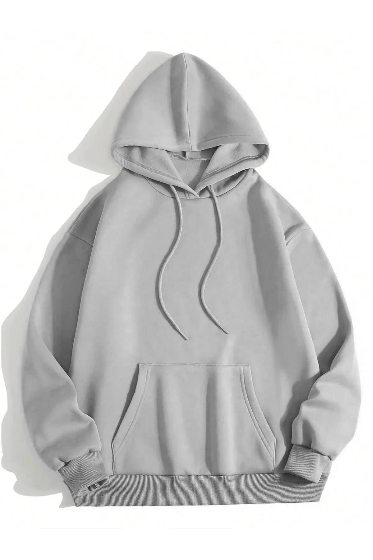 Erkek 3 İplik Pamuklu Kapüşonlu Kanguru Cepli Sweatshirt Hoodie - Boyalı Gri