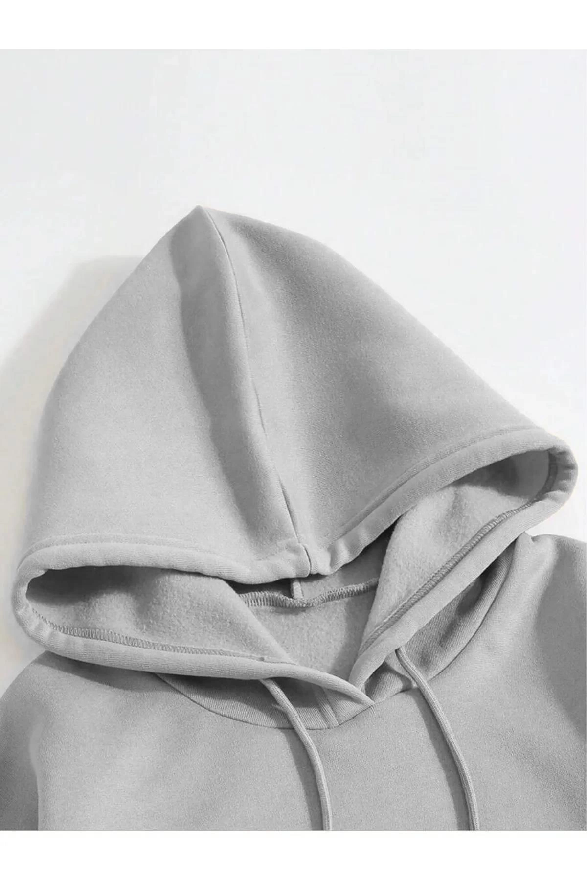 Erkek 3 İplik Pamuklu Kapüşonlu Kanguru Cepli Sweatshirt Hoodie - Boyalı Gri