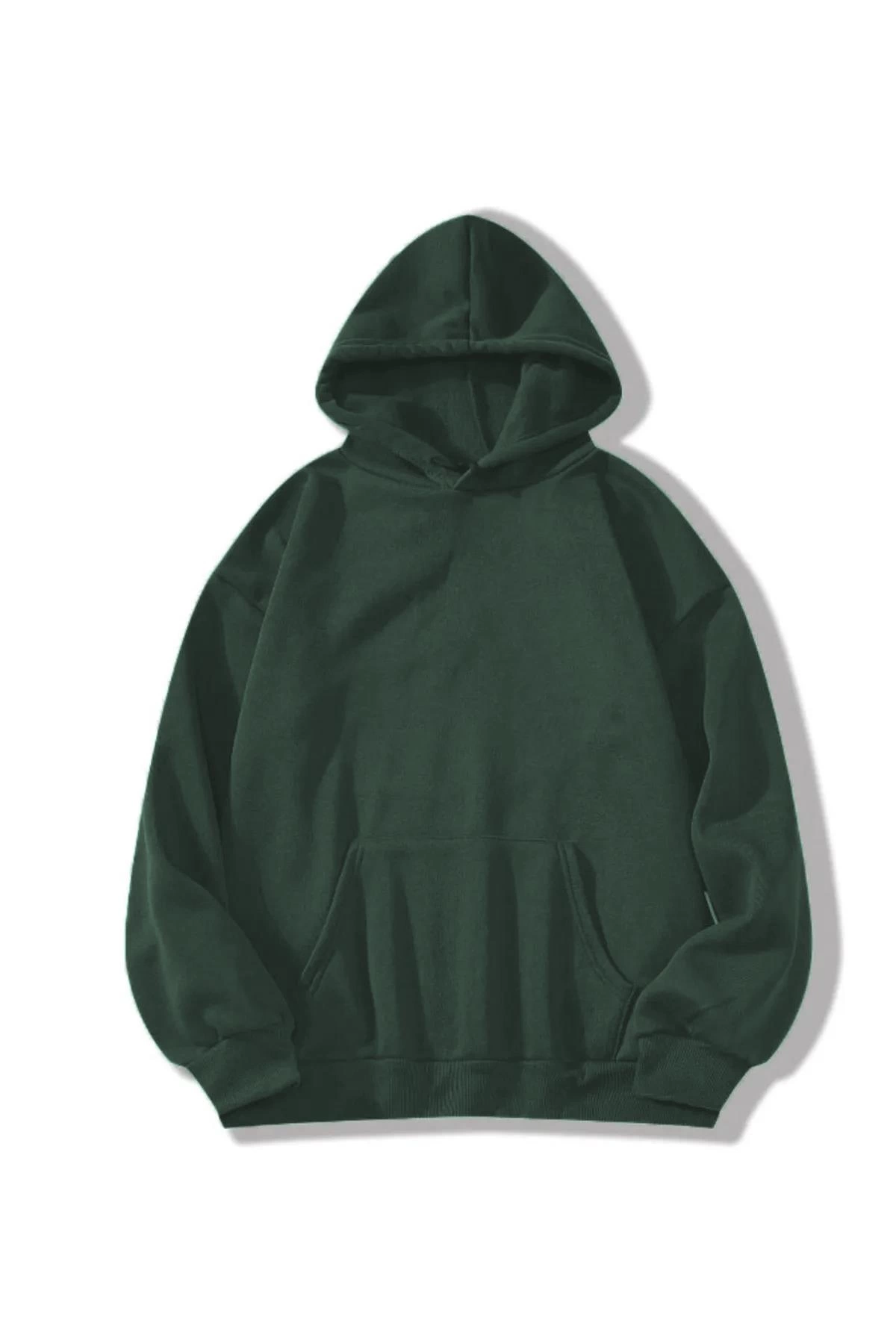 Erkek 3 İplik Pamuklu Kapüşonlu Kanguru Cepli Sweatshirt Hoodie - Koyu Yeşil