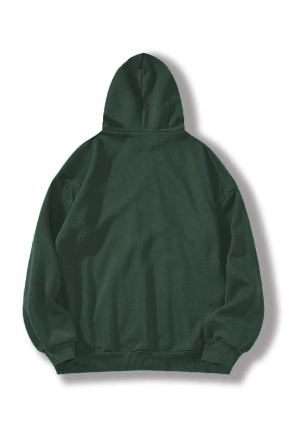 Erkek 3 İplik Pamuklu Kapüşonlu Kanguru Cepli Sweatshirt Hoodie - Koyu Yeşil