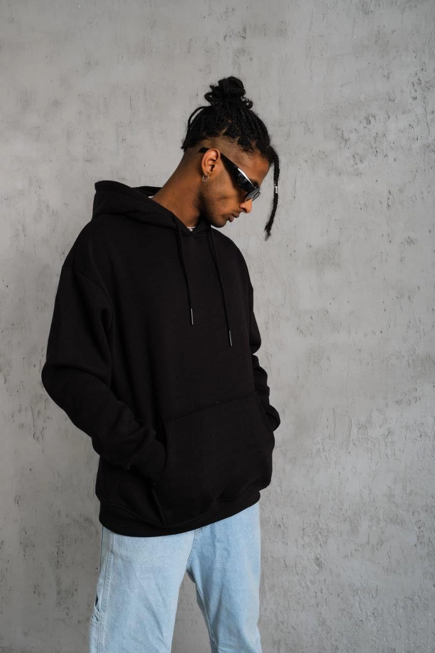 Erkek 3 İplik Pamuklu Kapüşonlu Kanguru Cepli Sweatshirt Hoodie -  Siyah