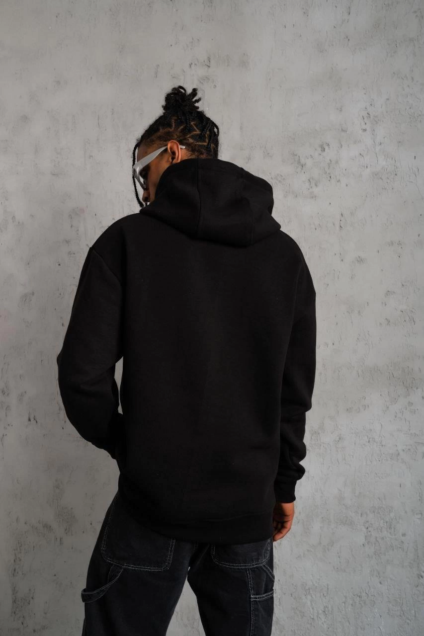 Erkek 3 İplik Pamuklu Kapüşonlu Kanguru Cepli Sweatshirt Hoodie -  Siyah