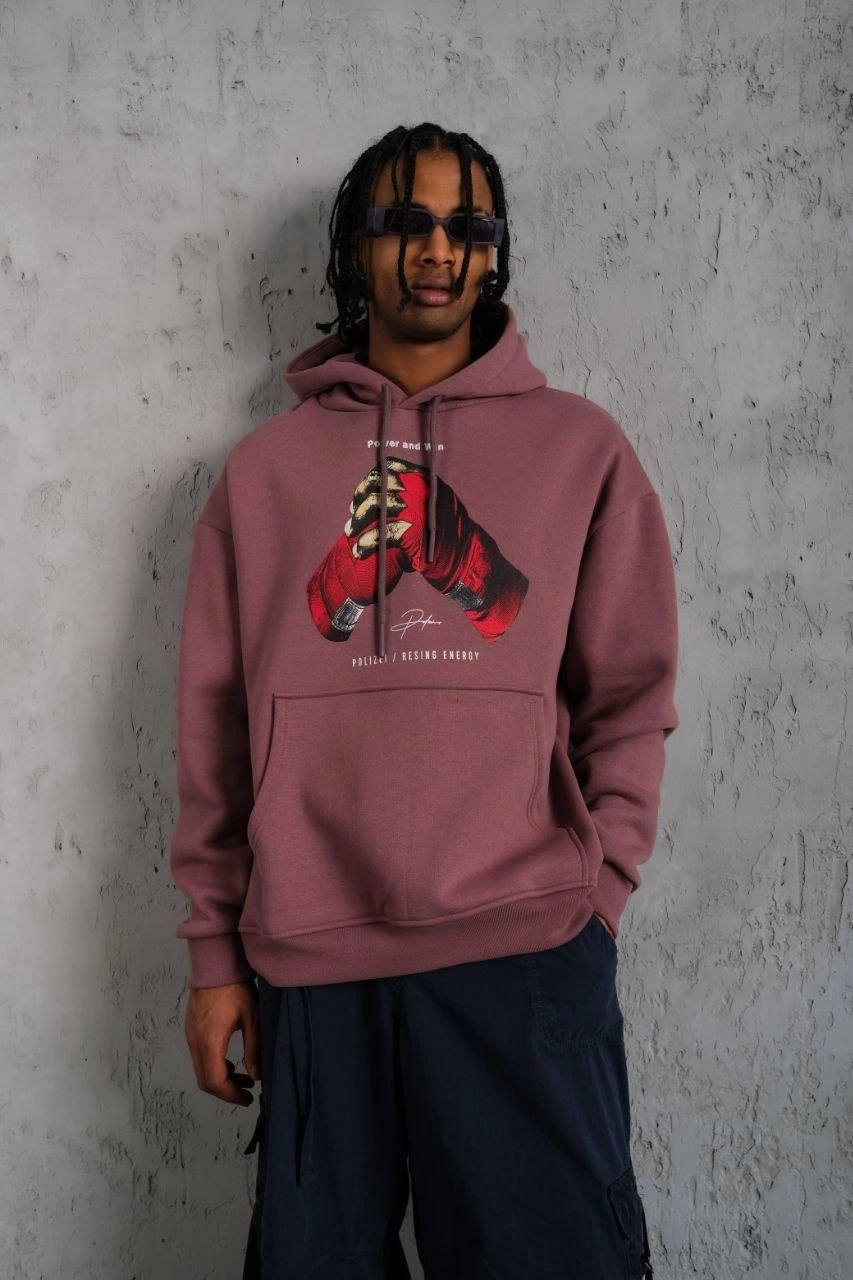 Erkek Kapüşonlu Cepli Box Eldiven Baskılı 3 İplik Sweatshirt Hoodie - Gül Kurusu