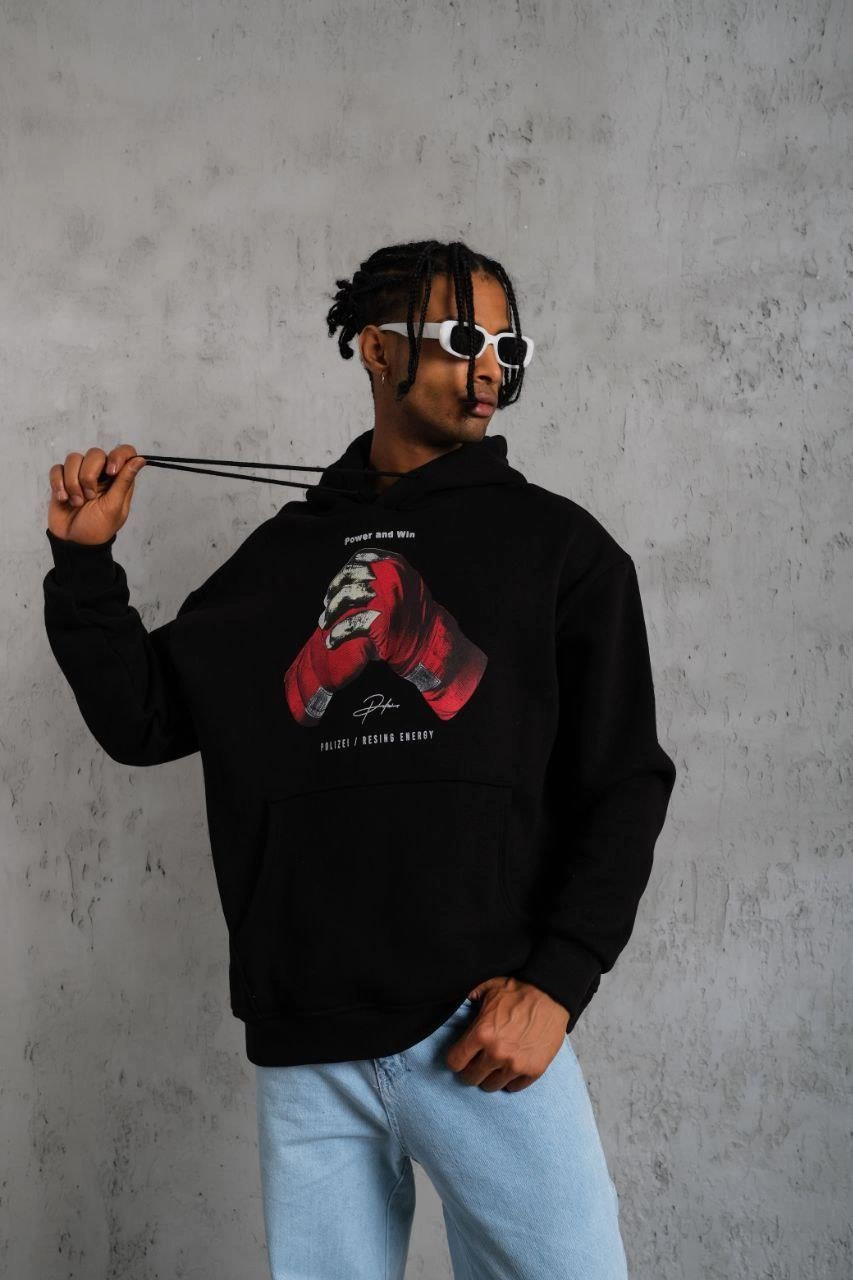 Erkek Kapüşonlu Cepli Box Eldiven Baskılı 3 İplik Sweatshirt Hoodie - Siyah