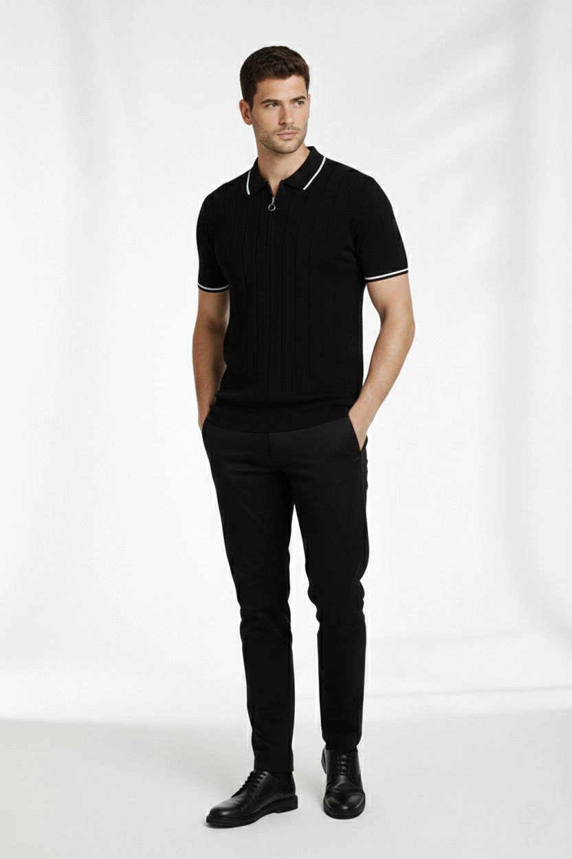 Erkek Yazlık Dokuma Triko Tişört Fermuarlı Polo Yaka Kısa Kol T-Shirt - Siyah