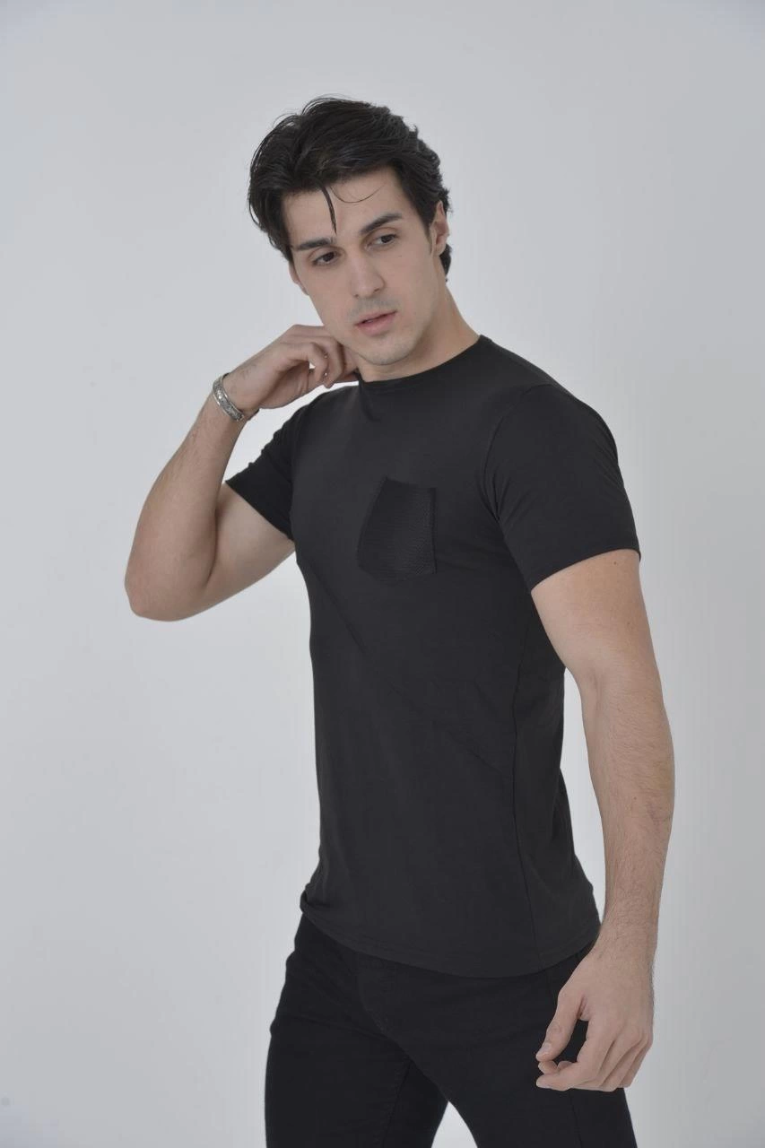 Erkek File Çepli  T-Shirt Kısa Kol Bisiklet Yaka Slimfit Tişört - Siyah