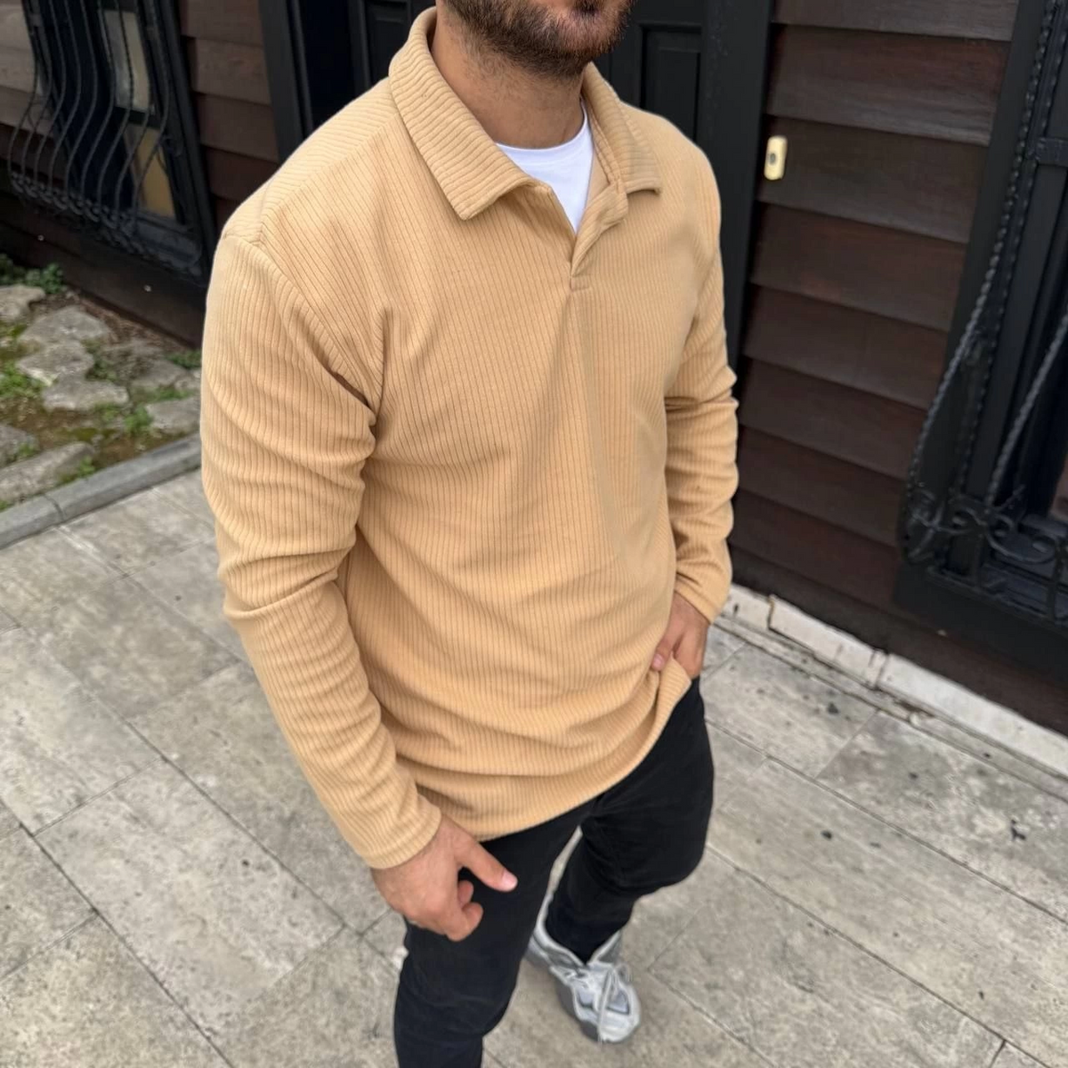 Erkek Fitilli Polar Sweatshirt Düğmesiz Yaka Oversize - Bej