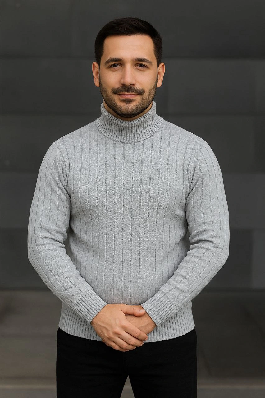 Erkek Fitilli Kazak Tam Boğazlı Balıkçı Yaka Triko 2'li Set Gri-Siyah