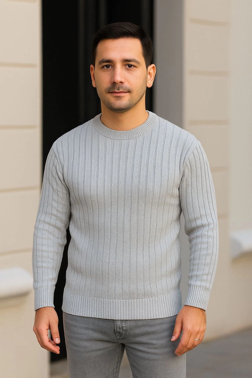 Erkek Fitilli Triko Kazak 2’li Set Siyah Gri Kalın Dokuma Pamuklu Regular Fit Bisiklet