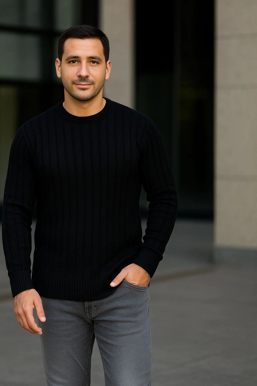 Erkek Fitilli Triko Kazak 3’lü Set Bej Beyaz Siyah | Kalın Dokuma Pamuklu Regular Fit
