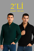Erkek Fitilli Triko Kazak 2’li Set Siyah Haki Kalın Dokuma Pamuklu Regular Fit V Yaka