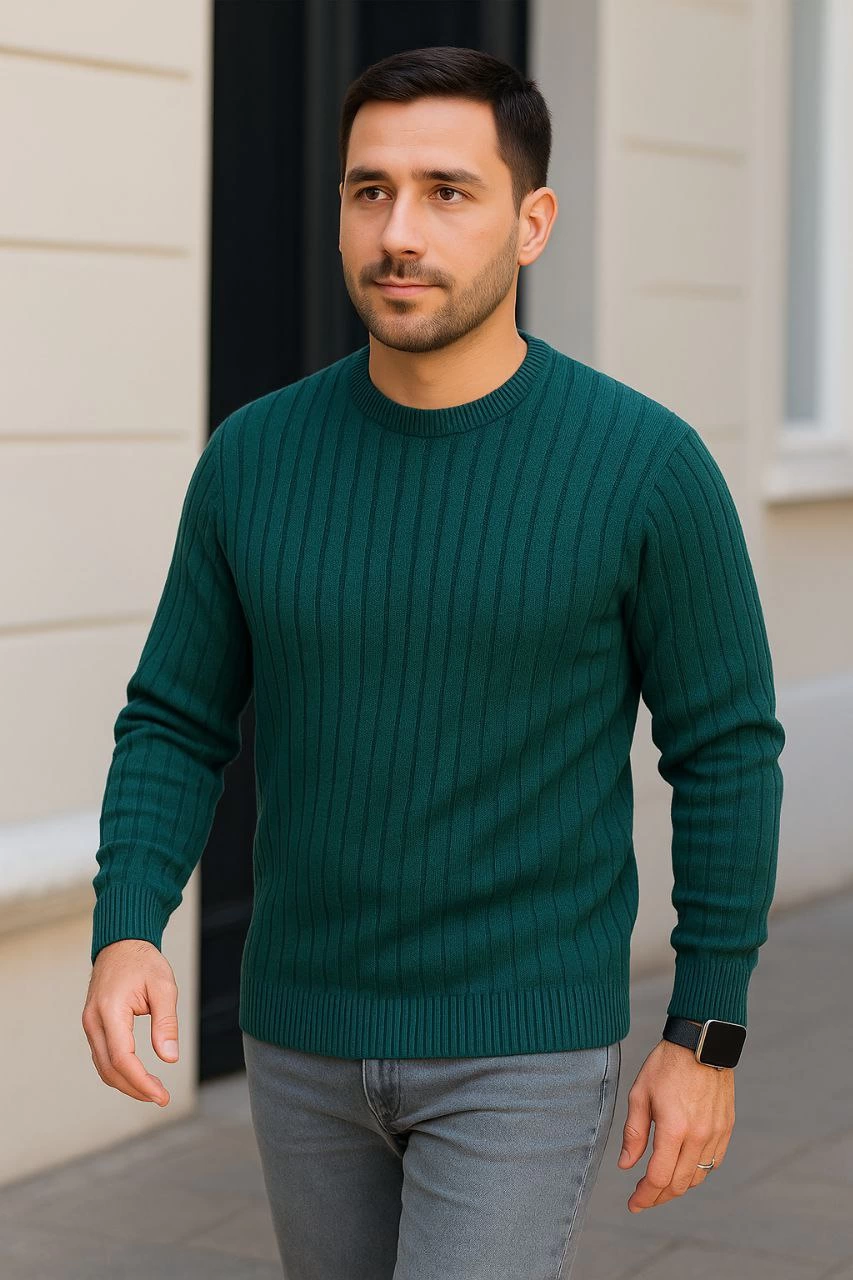 Erkek Fitilli Triko Kazak 2’li Set Siyah Haki Kalın Dokuma Pamuklu Regular Fit Bisiklet