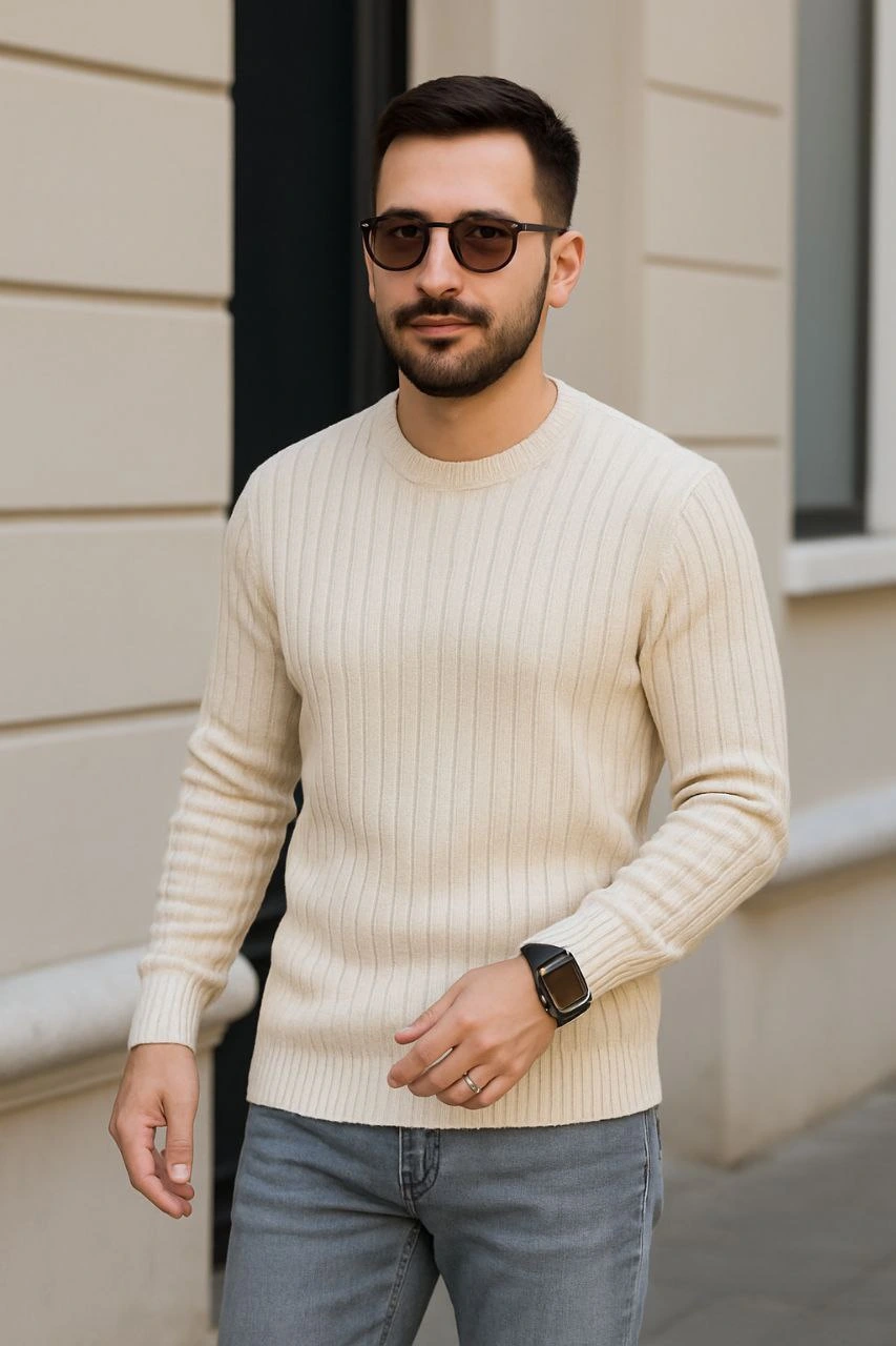 Erkek Fitilli Triko Kazak 3'lü Set Bej Gri Siyah Bisiklet Yaka Regular Fit