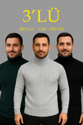 Erkek Fitilli Kazak Tam Boğazlı Balıkçı Yaka Triko 3'lü Set  Gri-Haki-Siyah