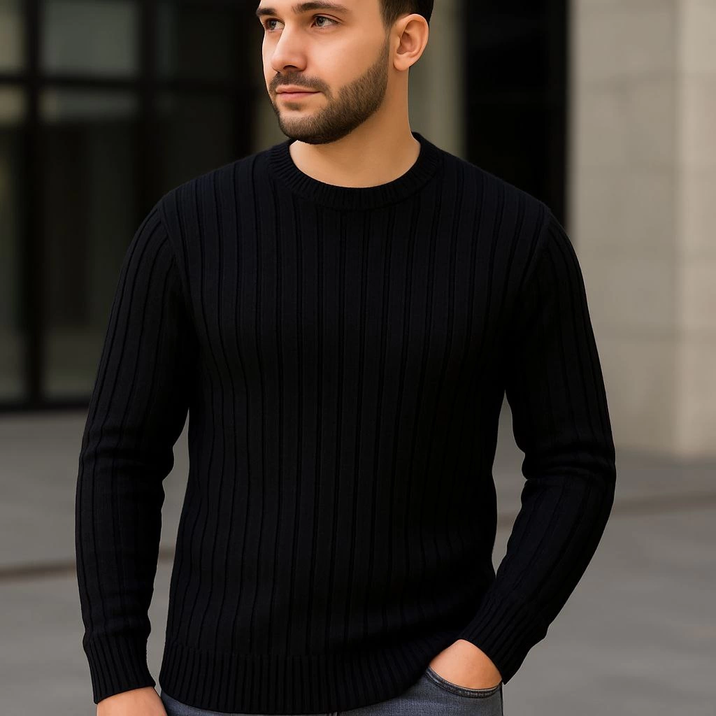 Erkek Fitilli Triko Bisiklet Yaka Kalın Kazak 3'lü Set Gri-Haki-Siyah