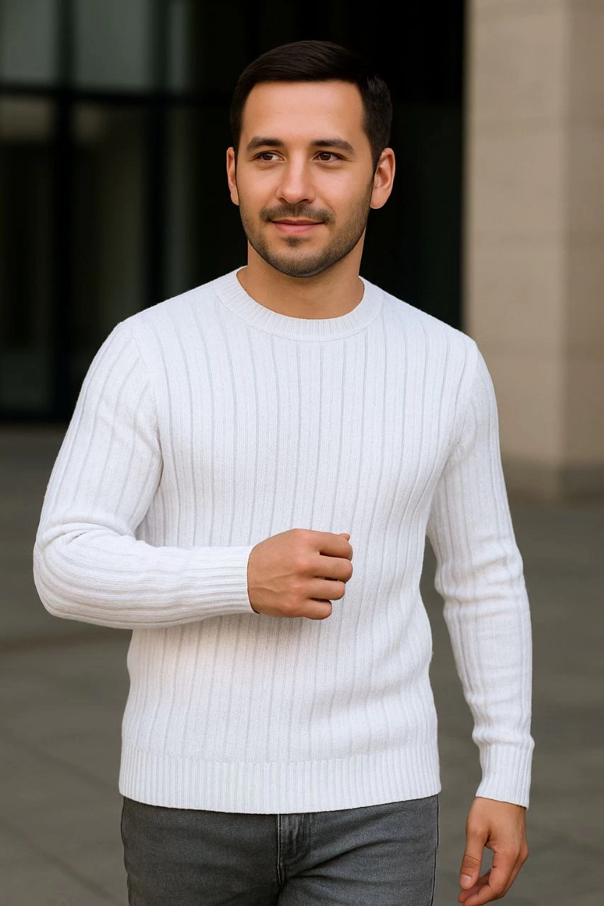 Erkek Fitilli Triko Bisiklet Yaka Kalın Kazak 3'lü Set Beyaz-Saks Mavisi-Siyah