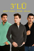Erkek Fitilli Triko Kazak 3’lü Set Mint Yeşili Siyah Füme Kalın Dokuma Pamuklu Regular Fit