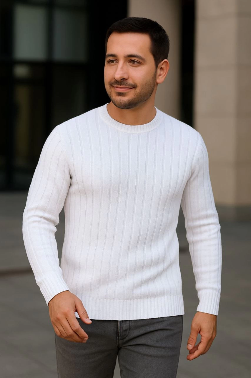Erkek Fitilli Triko Bisiklet Yaka Kalın Kazak 4'lü Set Beyaz-Haki-Bej-Siyah