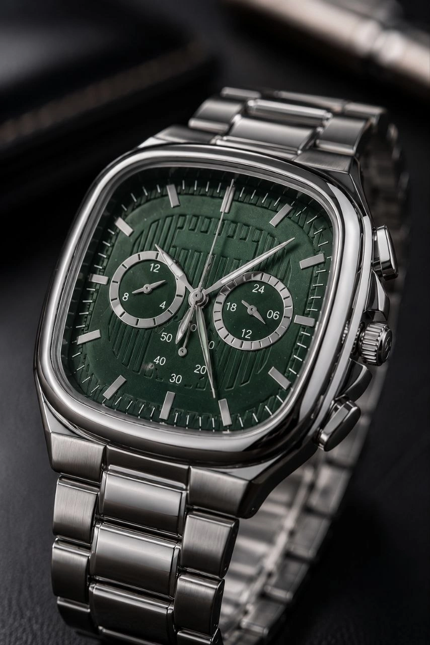 Erkek Gümüş Metal Kordon Analog Kol Saati Yeşil Kadran Takvim Göstergeli - Gümüş