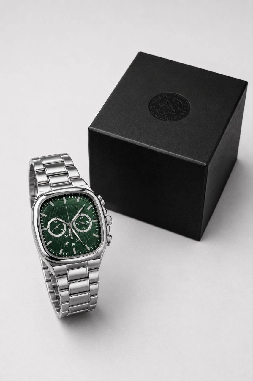 Erkek Gümüş Metal Kordon Analog Kol Saati Yeşil Kadran Takvim Göstergeli - Gümüş