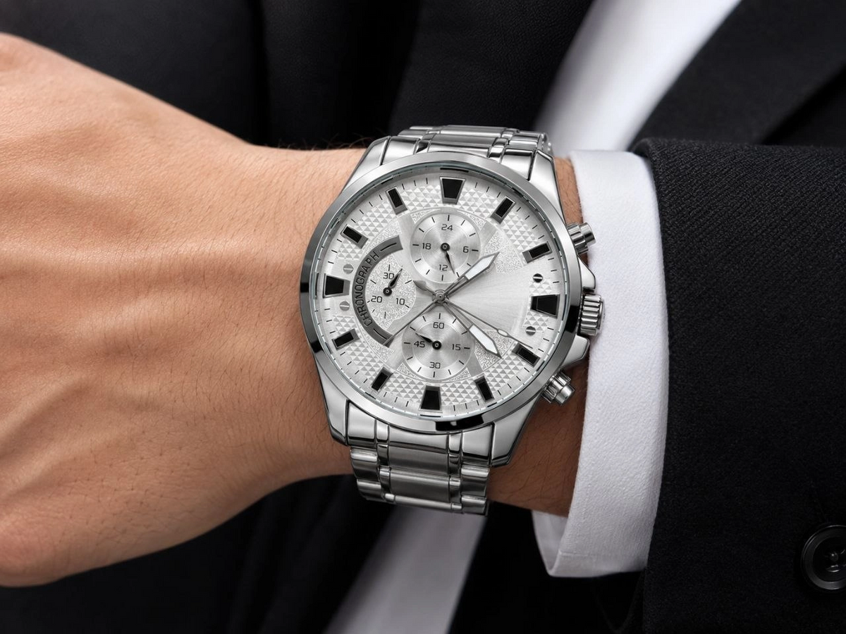 Erkek Gümüş Renk Metal Kordon Analog Kol Saati 24 Saat Takvim Göstergeli Gri Kadran - Gümüş