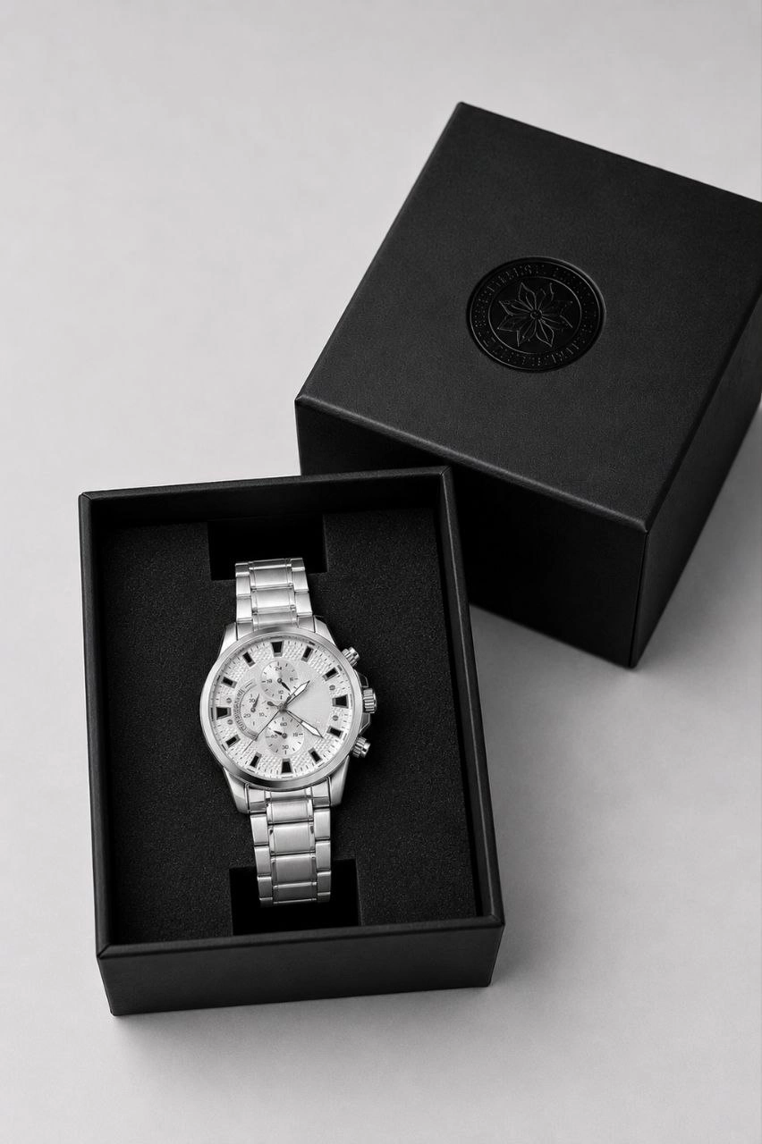 Erkek Gümüş Renk Metal Kordon Analog Kol Saati 24 Saat Takvim Göstergeli Gri Kadran - Gümüş
