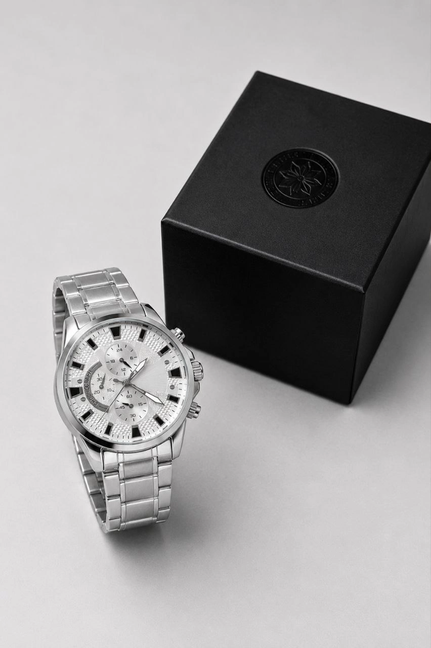 Erkek Gümüş Renk Metal Kordon Analog Kol Saati 24 Saat Takvim Göstergeli Gri Kadran - Gümüş