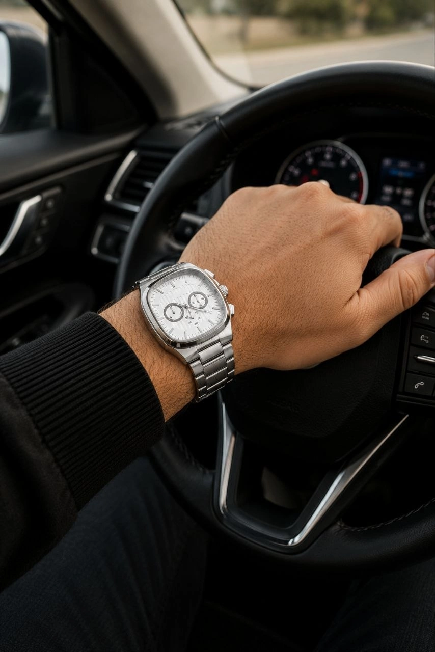 Erkek Gümüş Renk Metal Kordon Analog Kol Saati Çok Fonksiyonlu Beyaz Kadran - Gümüş