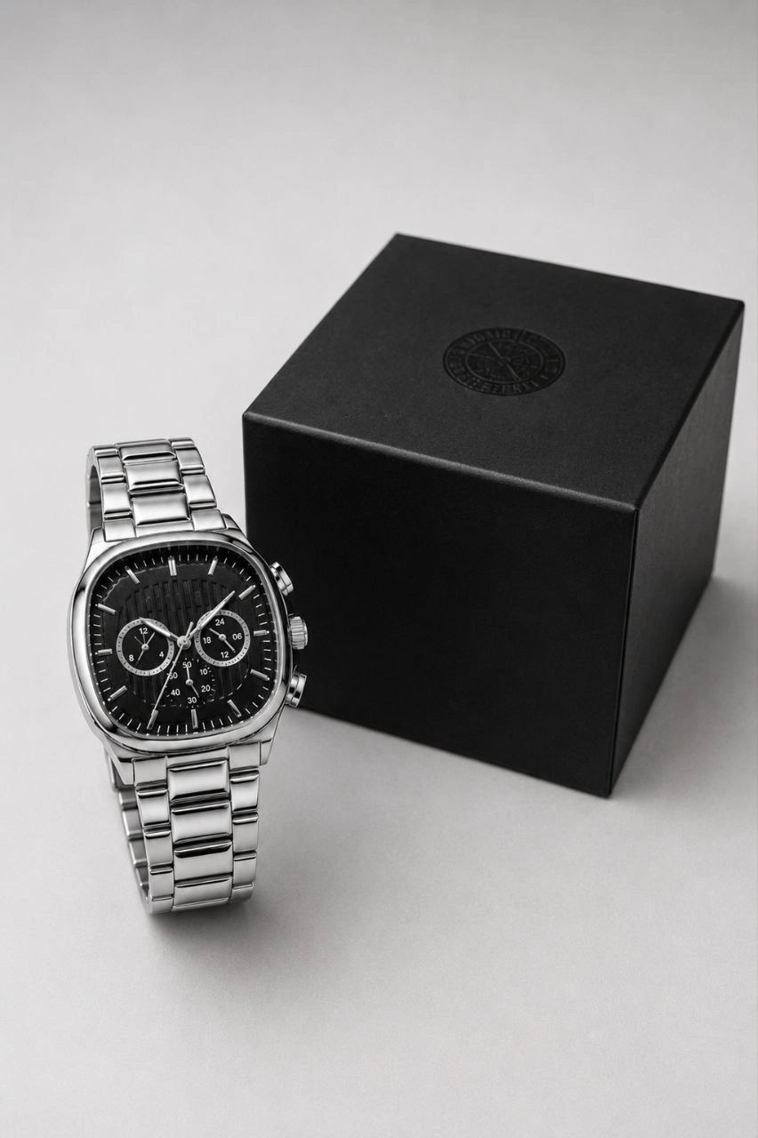 Erkek Gümüş Renk Metal Kordon Analog Kol Saati Siyah Kadran Takvim Göstergeli - Gümüş