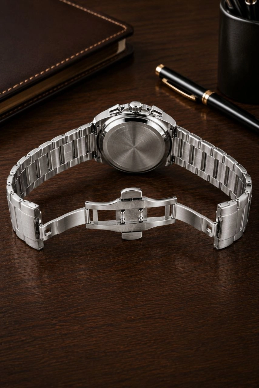 Erkek Gümüş Renk Metal Kordon Analog Kol Saati Siyah Kadran Takvim Göstergeli - Gümüş
