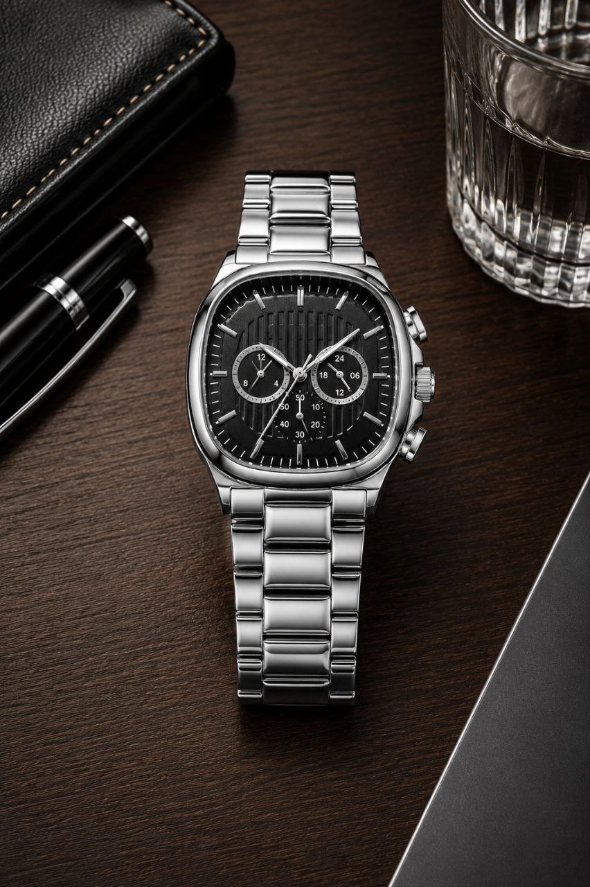 Erkek Gümüş Renk Metal Kordon Analog Kol Saati Siyah Kadran Takvim Göstergeli - Gümüş