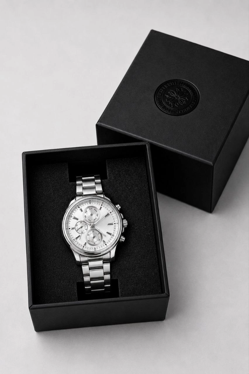Erkek Gümüş Renk Metal Kordon Analog Kol Saati Takvim Göstergeli Beyaz Kadran - Gümüş