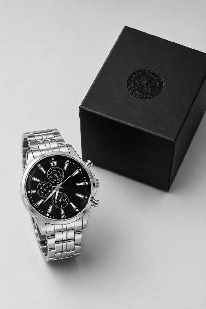 Erkek Gümüş Renk Metal Kordon Analog Kol Saati Takvim Göstergeli Siyah Kadran - Gümüş