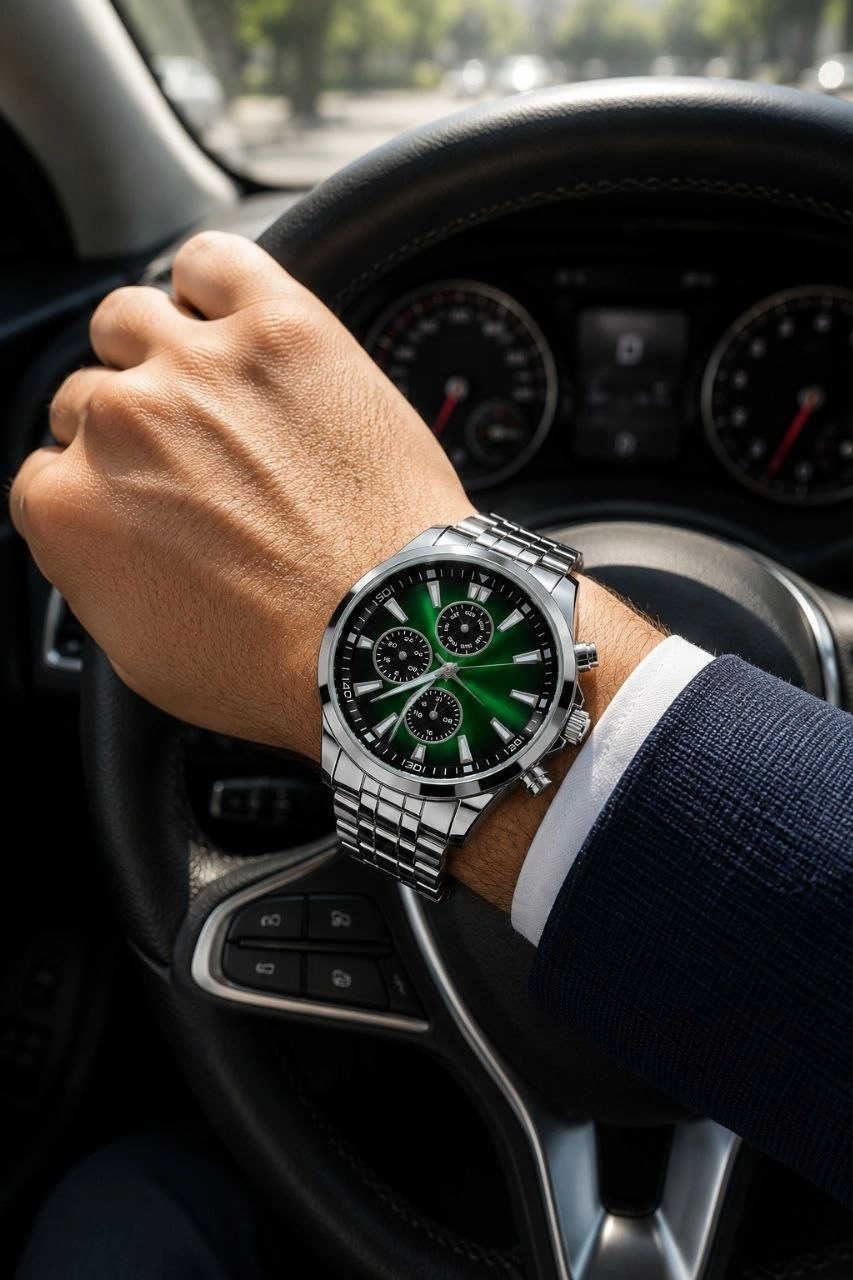 Erkek Gümüş Renk Metal Kordon Analog Kol Saati Takvim Göstergeli Yeşil Siyah Kadran - Gümüş