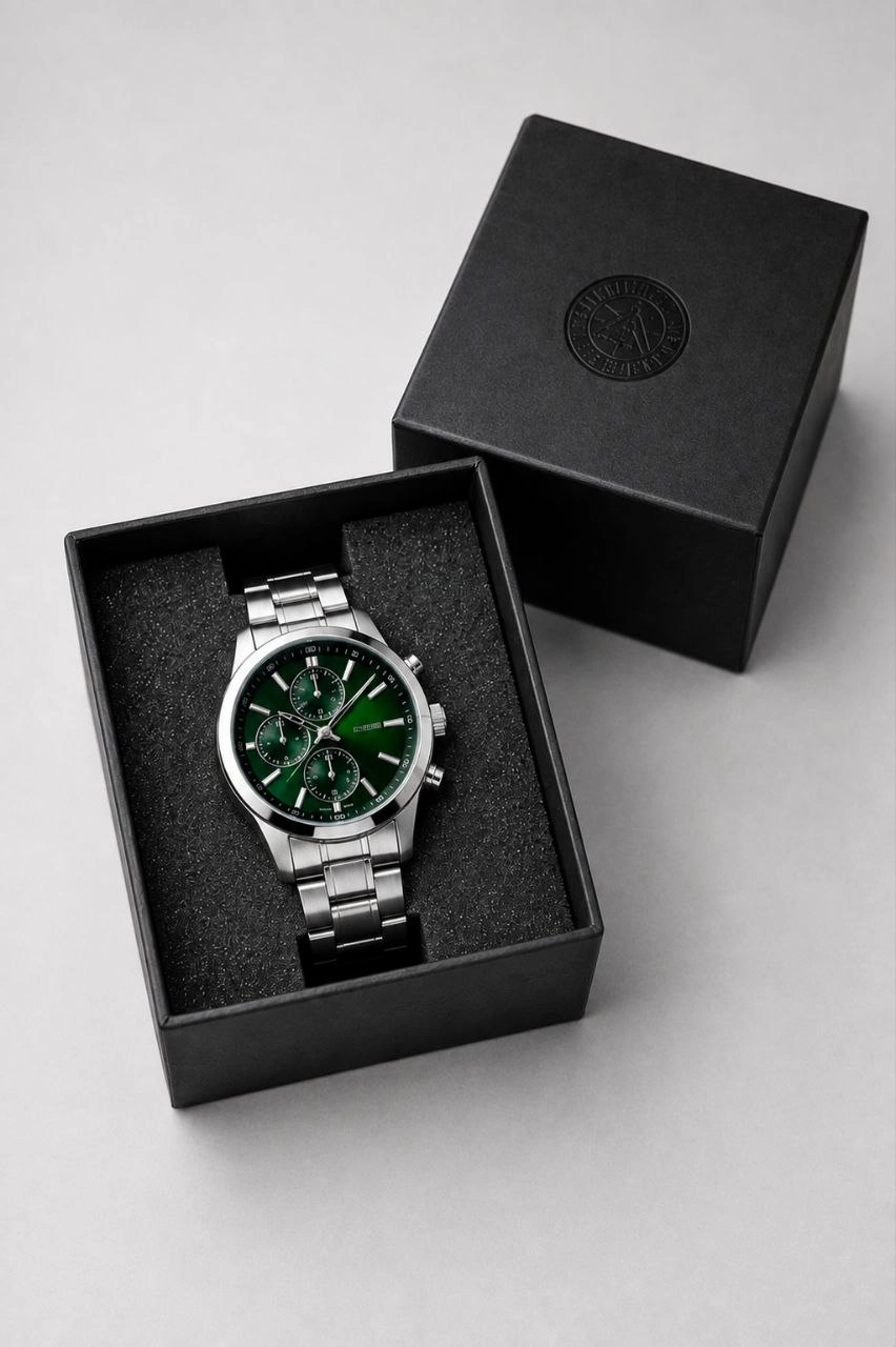 Erkek Gümüş Renk Metal Kordon Analog Kol Saati Takvim Göstergeli Yeşil Siyah Kadran - Gümüş