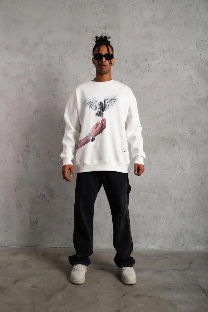 Erkek Güvercin Baskılı 3 iplik pamuklu Bisiklet Yaka Sweatshirt - Beyaz