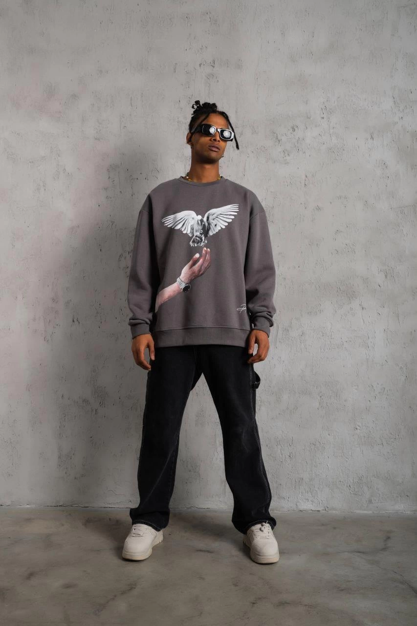 Erkek Güvercin Baskılı 3 iplik pamuklu Bisiklet Yaka Sweatshirt - Gri