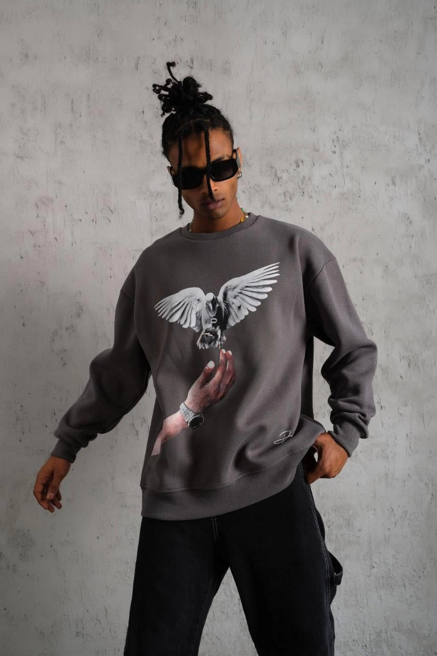 Erkek Güvercin Baskılı 3 iplik pamuklu Bisiklet Yaka Sweatshirt - Gri