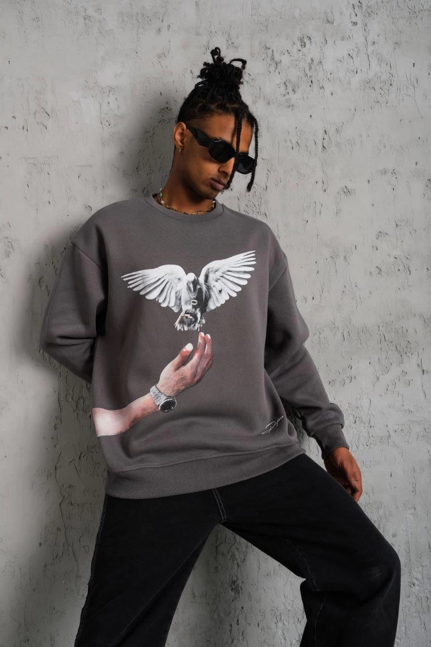 Erkek Güvercin Baskılı 3 iplik pamuklu Bisiklet Yaka Sweatshirt - Gri