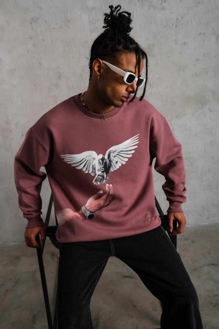 Erkek Güvercin Baskılı Bisiklet Yaka Sweatshirt 3 iplik pamuklu - Gül Kurusu
