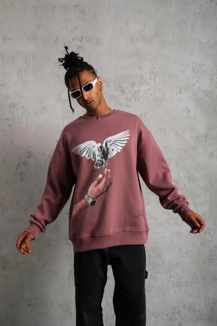 Erkek Güvercin Baskılı Bisiklet Yaka Sweatshirt 3 iplik pamuklu - Gül Kurusu